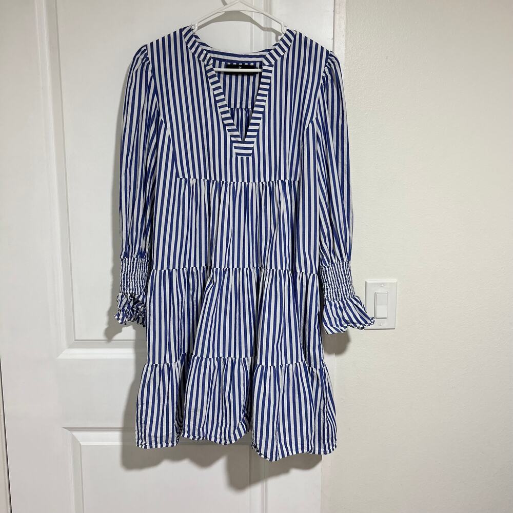 Tuckernuck Pomander Place Blue White Kenzo Dress Stripe Cotton Poplin Mini sz XL - Picture 6 of 9